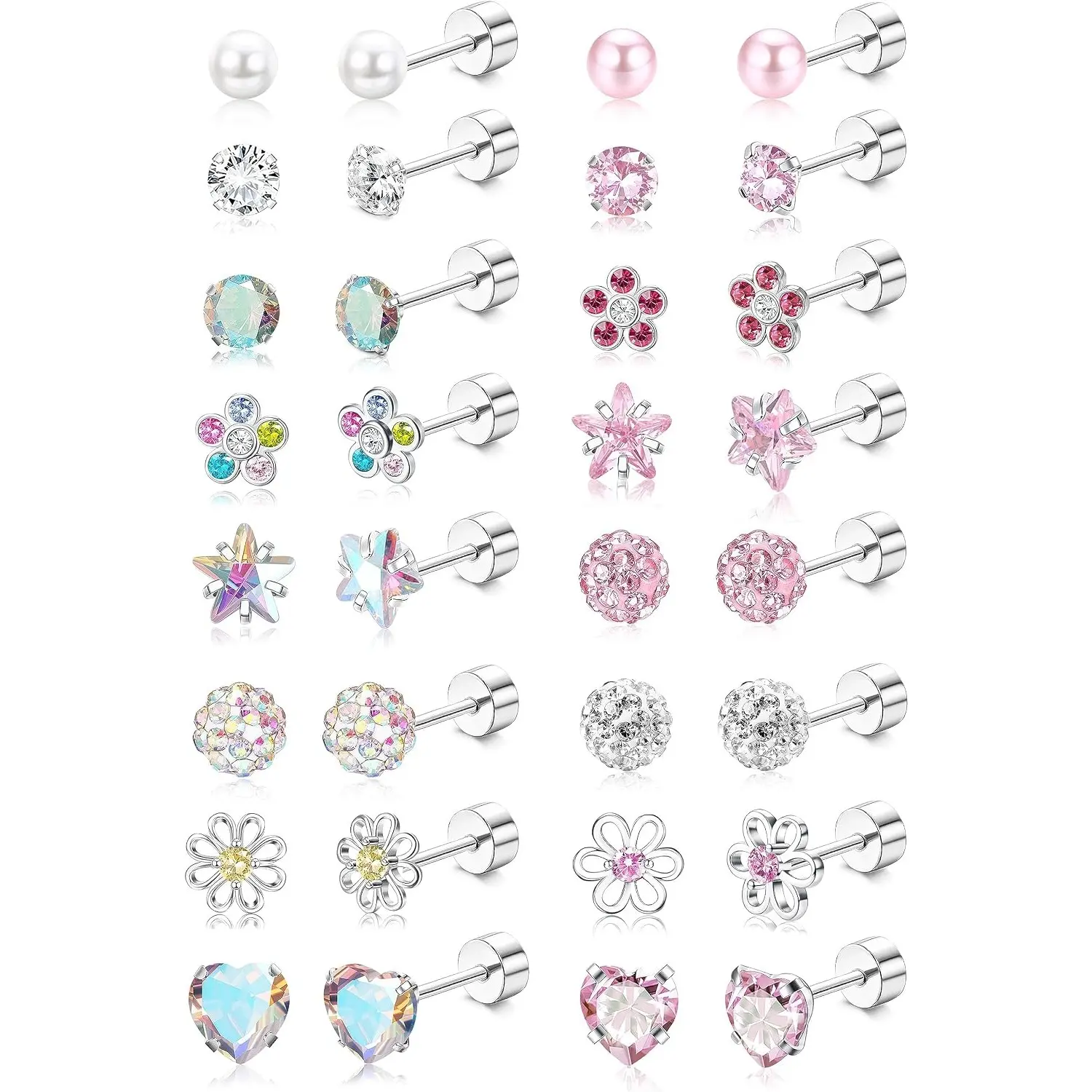 16 Pairs Surgical Steel Stud Earrings for Women, Hypoallergenic Set with Tiny CZ, Pearl, Heart & Star Designs, 20G Flat Screw Back