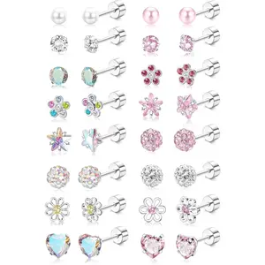 16 Pairs Surgical Steel Stud Earrings for Women, Hypoallergenic Set with Tiny CZ, Pearl, Heart & Star Designs, 20G Flat Screw Back
