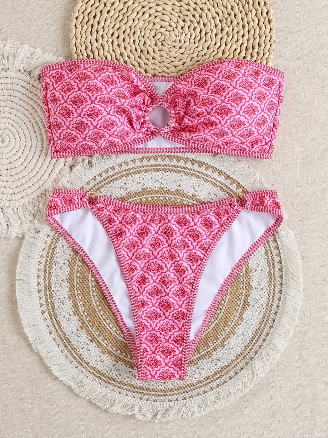 Women's Floral Print Ring-Linked Bikinis Set, Boho Ruched Bandeau Swim Top & High Cut Swim Thong, Chic Ladies Bathing Suit