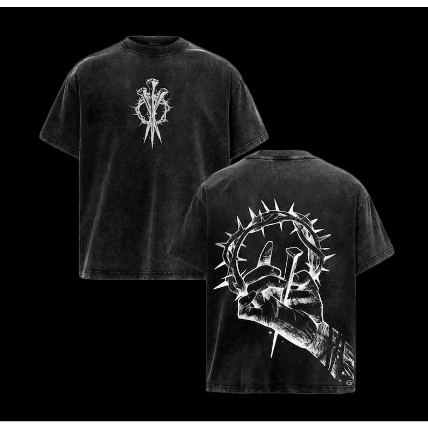 Men's Classic Oversized Short-Sleeve Jesus With Cross Vintage Washed Heavy Cotton Tee - Casual Ribbed Fabric Menswear Top for Daily Wear