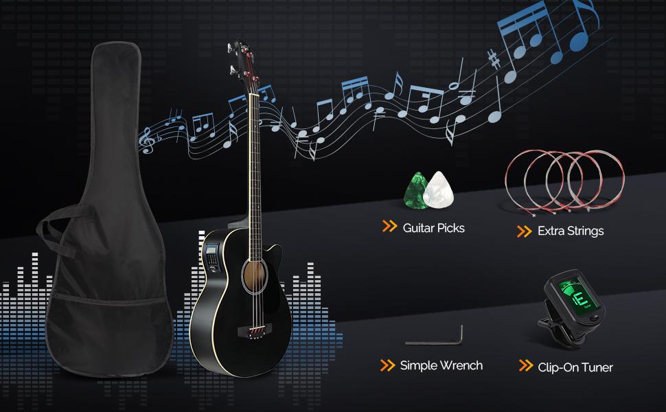 GLARRY Full Size Acoustic Electric Bass Guitar Beginner Kit, Cutaway 4 Strings Electric Acoustic Bass Guitar w/Inbuilt Tuner, Bag, Strap, Picks, Strings, Basswood Bass Guitarra