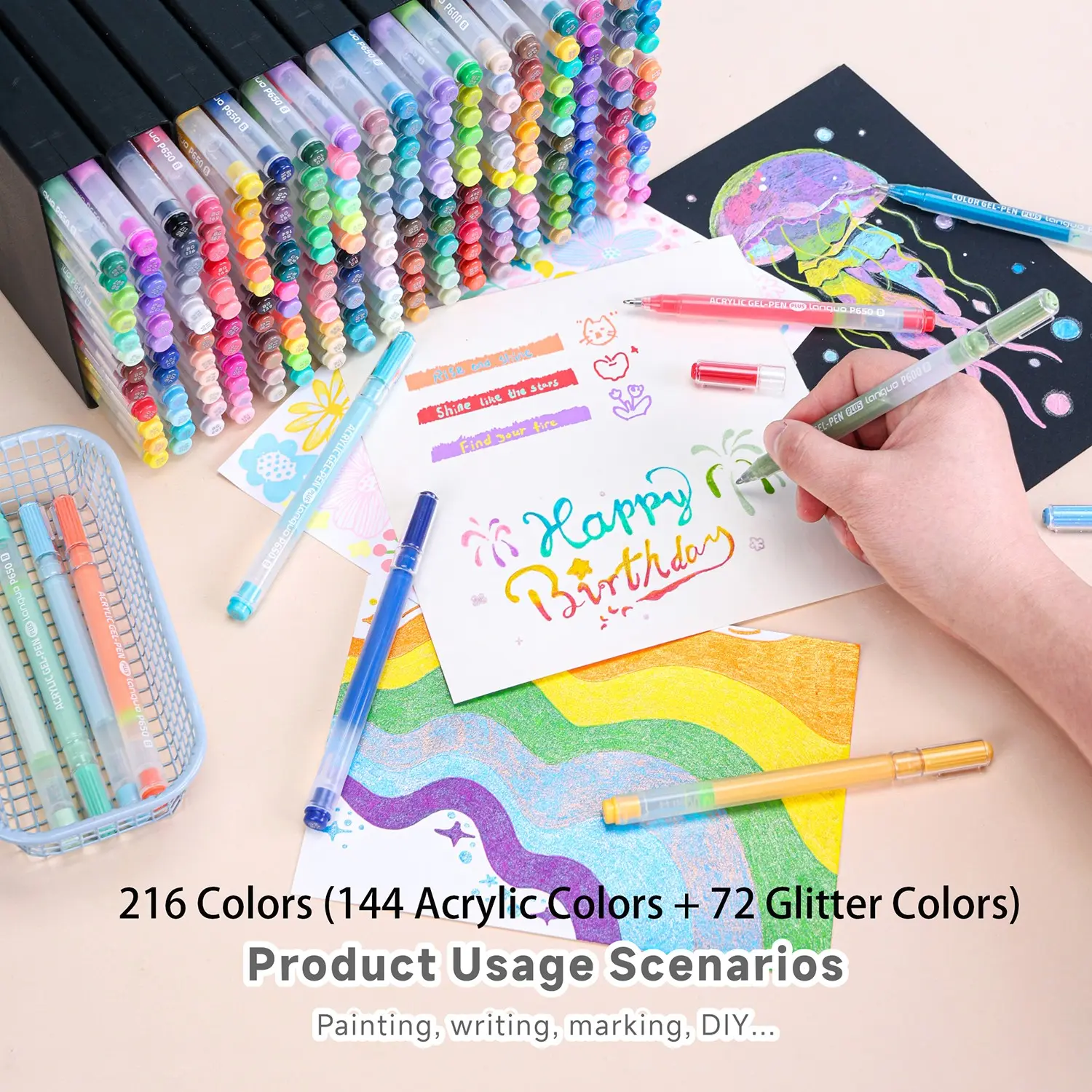216pcs Gel Pen Set with Carry Bag, 1.0mm Fine Tip, Colorful Fluorescent Pens, Ideal for Diaries, Cards, DIY Art, Back-To-School Essentials