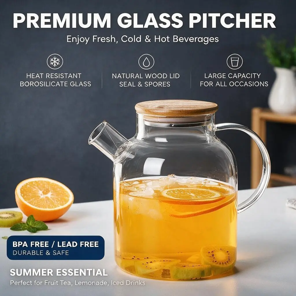 Large Capacity Transparent Glass Cold Brew Pitcher, Juice Pitcher, Glass Water Pitcher, Food Safe Borosilicate Glass Iced Tea Jug with Anti-Dust Wooden Lid, Easy Pour Spout for Summer Lemonade, Fruit Drinks, Home & Party Use Drinkware