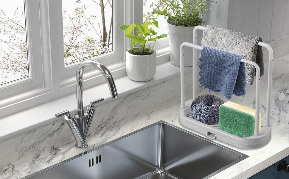 Hanging Hollow Polypropylene (PP) U-Shape Sponge Holder - Compact Wipe-Clean Plastic Kitchen Sink Organizer Rack Tray Stand with Ventilated, Full Open, Raised Bottom Fast Smooth Drainage for Dishcloth, Brush Storage (Grey)