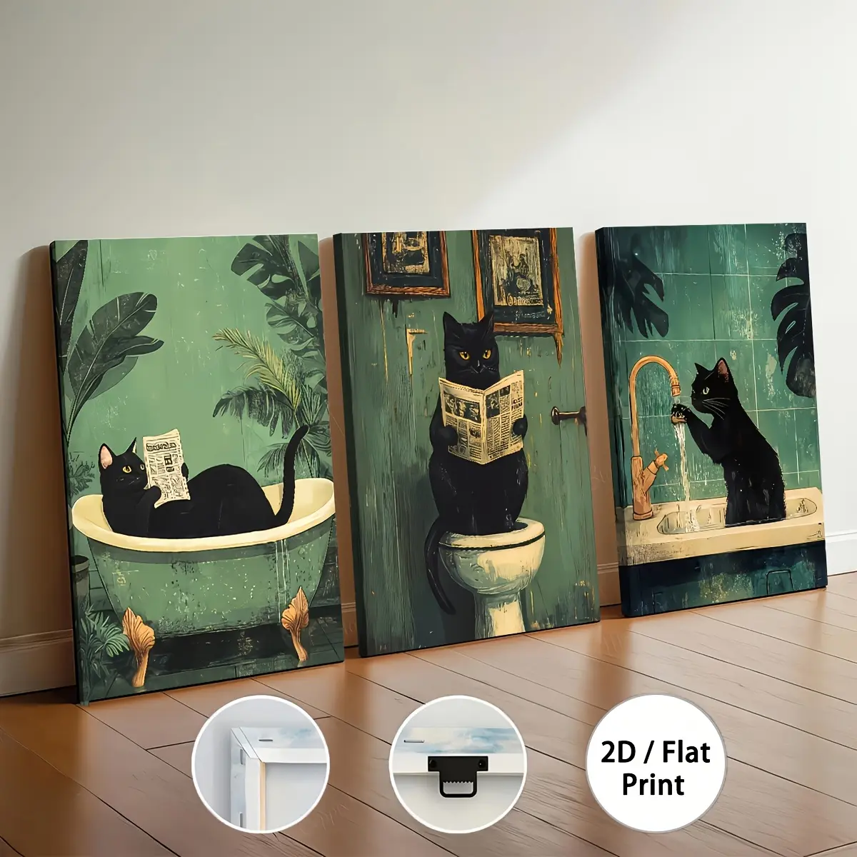 3-piece 2D flat print, modern art style cat bathroom art, framed canvas paintings , ready to hang, home decoration, wall art, room decoration, high-definition print, holiday gift, decorative hanging paintings for living room, bedroom,