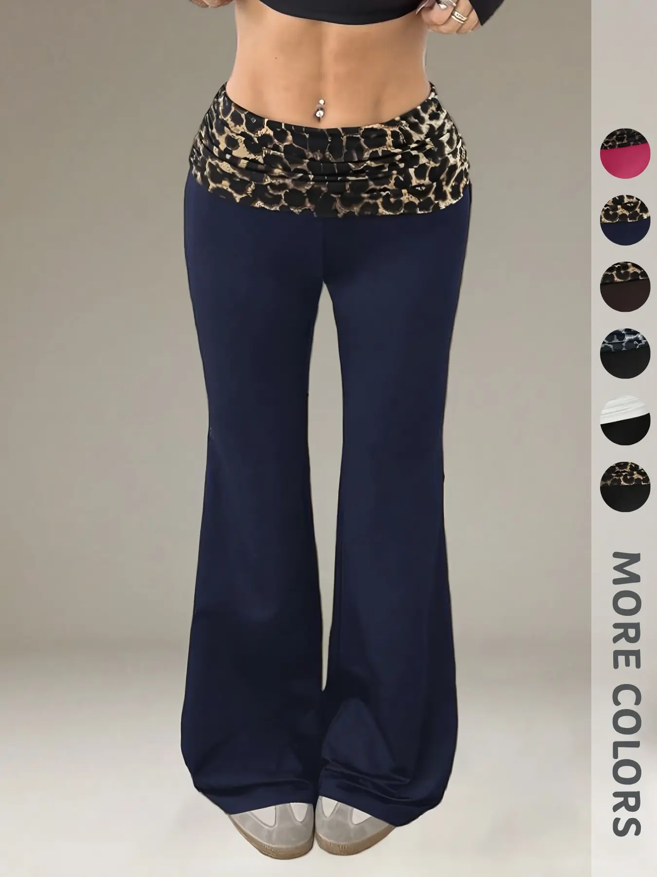 New Leopard Print Patchwork Bell Bottom Pants, Low Waist Elastic Waistband, Yoga Commute Date Wear, Versatile Long Pants, High Waist