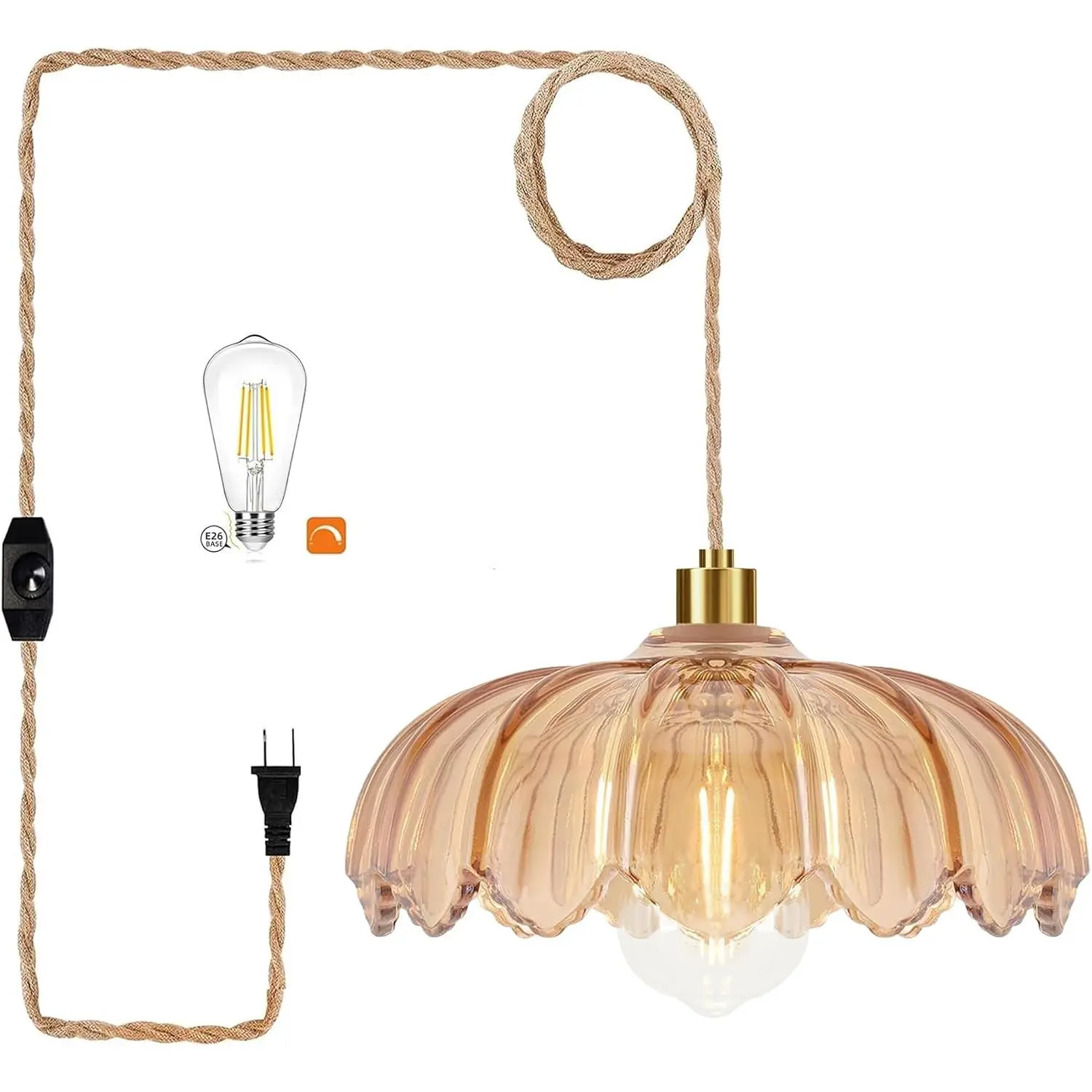 Plug in Pendant Light Hanging Lights with in Cord Mid Century Modern Gold Hanging Lamp Flower Glass Amber Vintage Dimmable Chandelier Ceiling Fixture for Living Room,Kitchen,Boho