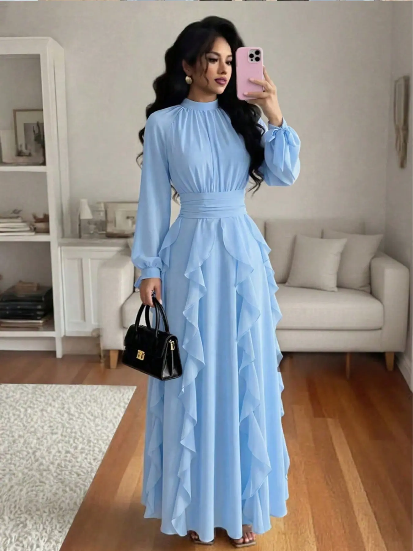 Women's solid color woven patchwork chiffon ruffle sexy elegant stylish Arab dress
