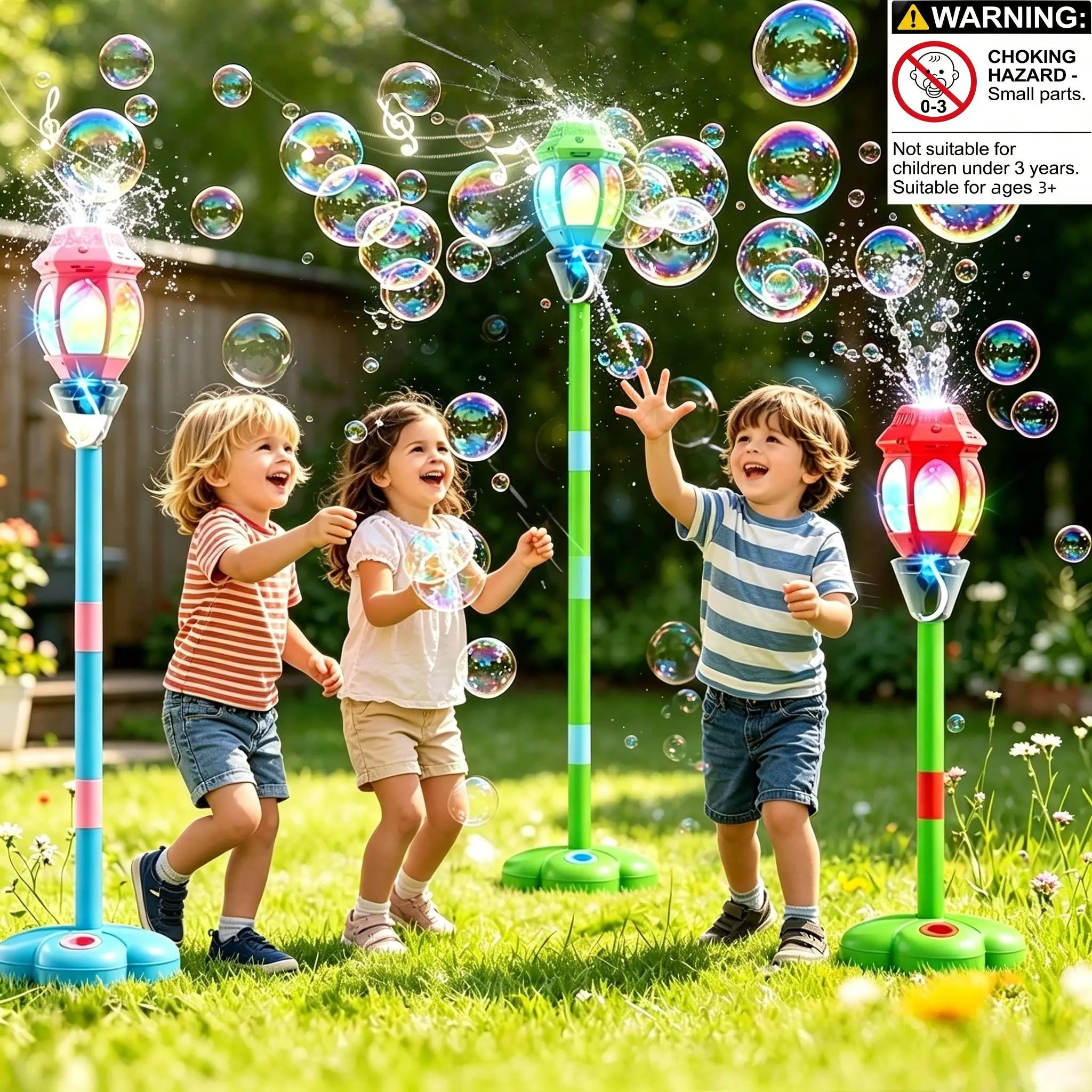 Rechargeable Lighted Automatic Bubble Machine with Adjustable Height, Portable Outdoor Electric Bubble Toy Includes 90ML Bubble Liquid & 10 Concentrate Refill Packs, Great Atmosphere Toy for Summer Camping & Birthday Holiday Parties