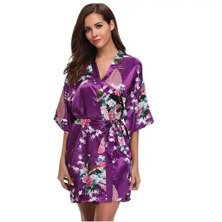 Brand Purple Female Printed Floral Kimono Dress Gown Chinese Style Silk Satin Robe Nightgown Flower S M L XL XXL XXXL