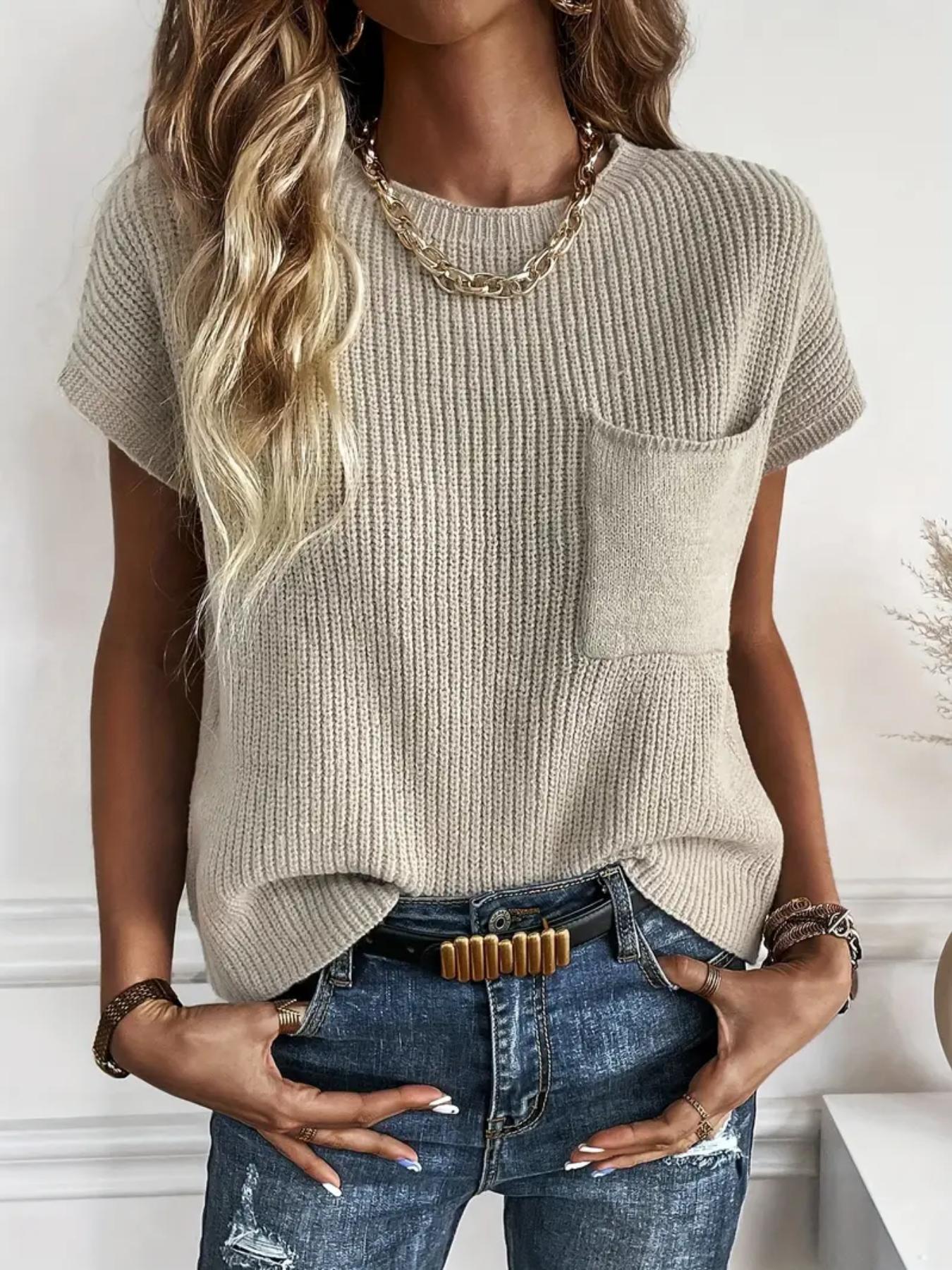 Women's Plain Pocket Round Neck Comfort Knit Top, Fitted Casual Breathable Short Sleeve Womenswear, Crochet Tops for Lady, Summer, Comfort Summer Tops, Summer Clothes, Fashion Women's Knitting Clothing for Everyday Daily Wear, Womenswear