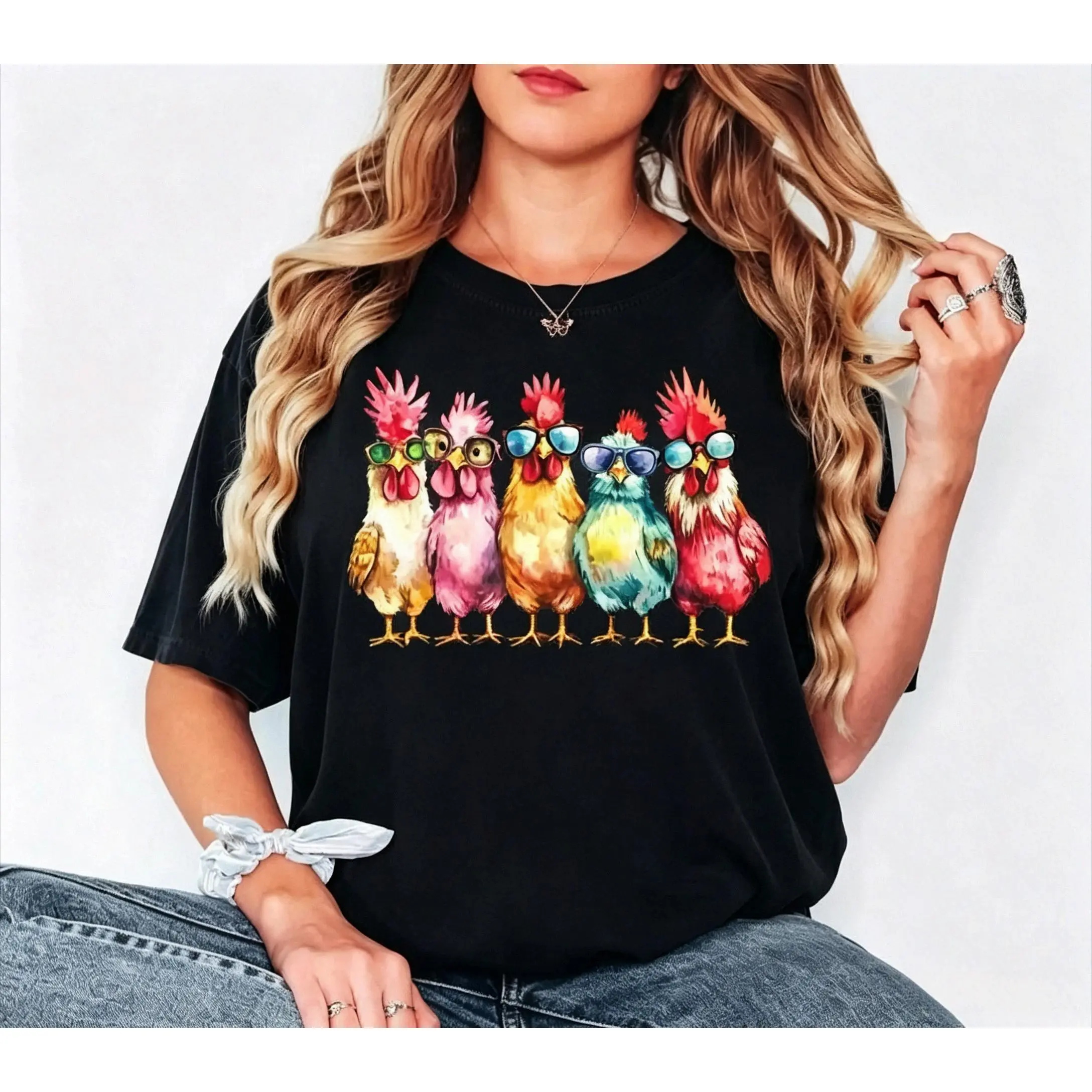 Oversized Tshirt Women Vintage Graphic Tees Cool Chickens With Sunglasses Watercolor Graphic Tee, Camisetas de Mujeres Funny Farm Animal Colorful Print Soft 100% Cotton Crew Neck T Shirts Women Graphic Tee White Aesthetic