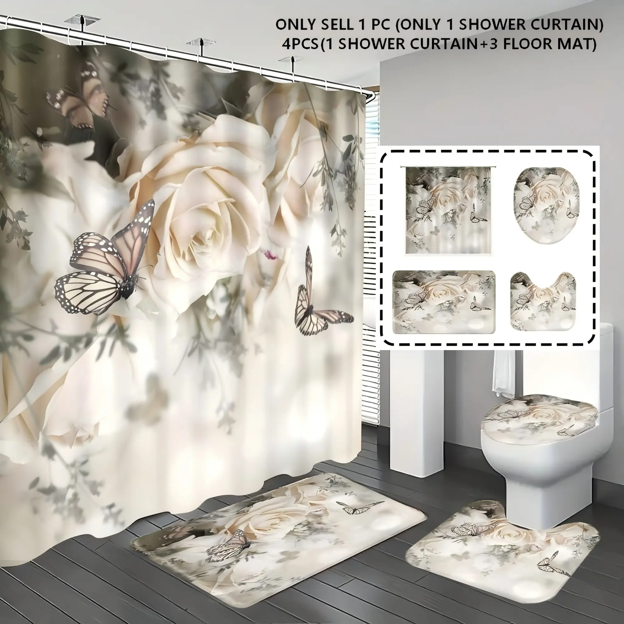 1pc/4pcs, shower curtains, Aesthetic Shower Curtain, bathroom set, bathroom rug, rose and butterfly pattern, with 12 hooks, Shower Curtain Sets