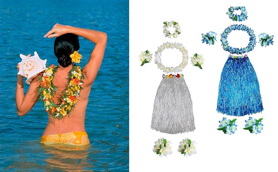 Hawaiian Luau Flower Leis Jumbo Necklaces Bracelets Headband Anklets Set 6-7 Pack