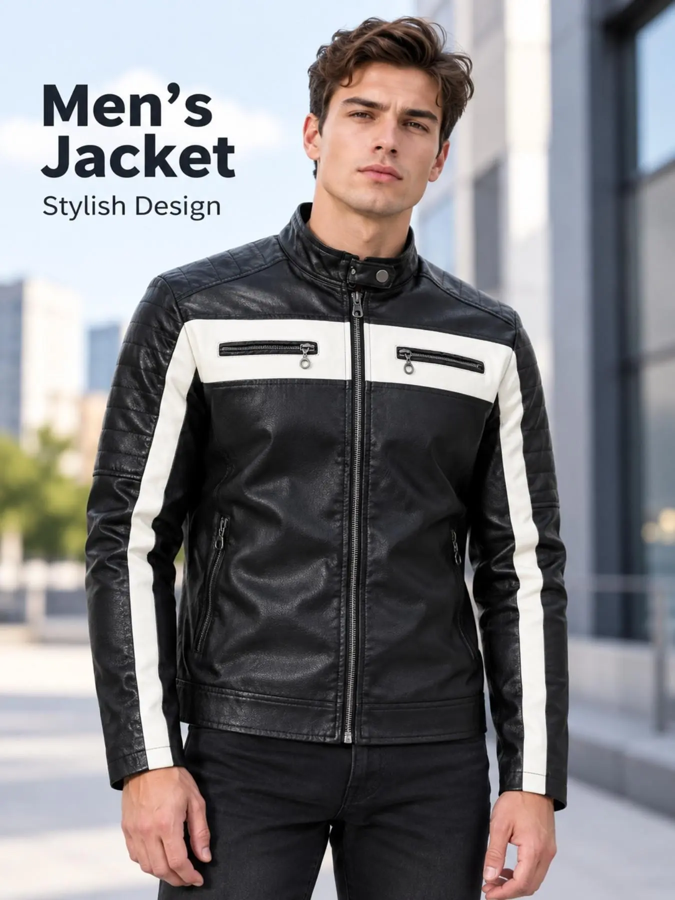 Men's Retro Motorcycle Style Patchwork Leather Jacket, Colorblock Stand Collar Coat, Multiple Zip Pockets, Slim Fit Riding Casual Outerwear