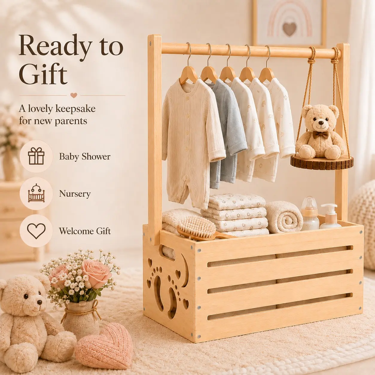 Wooden Storage Basket with 5pcs Clothes Hanging Rod, Multi-Purpose Organizer, DIY Decorative Basket, Perfect Gift for All Occasions