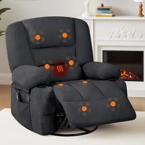 Garvee 360° Swivel Recliner Chair with Heat and Massage, Widened Overstuffed Single Sofa Lounge Chair Featuring Side Pockets and Cup Holders, Ideal for Living Room, Bedroom, or RV Use