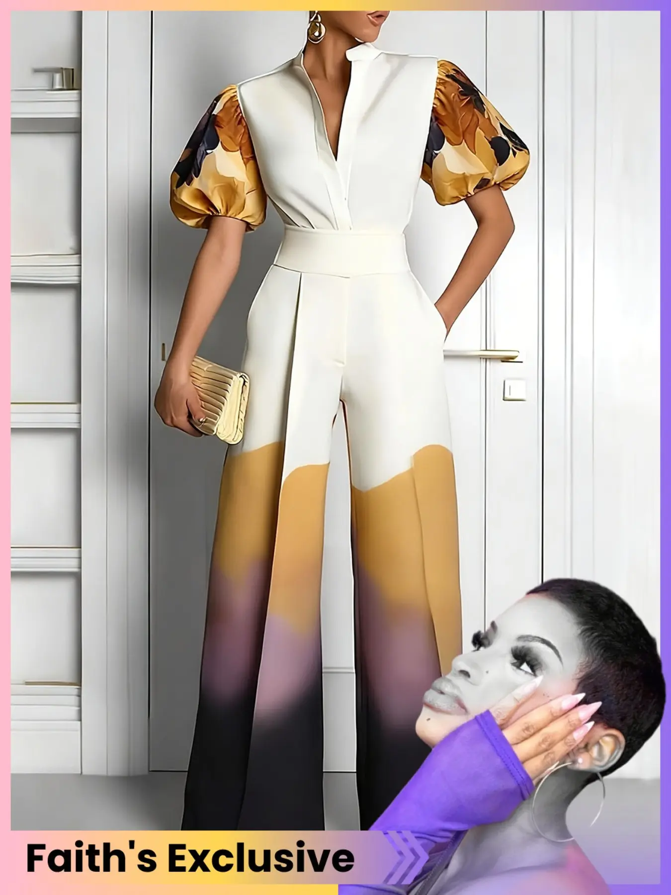 【Faith's Exclusive】Elegant Chic Casual Two-Piece Set, Short Sleeve Shirt with Stand Collar, High-Waisted Wide Leg Pants, Random Print, Tie Dye, Faith's Exclusive