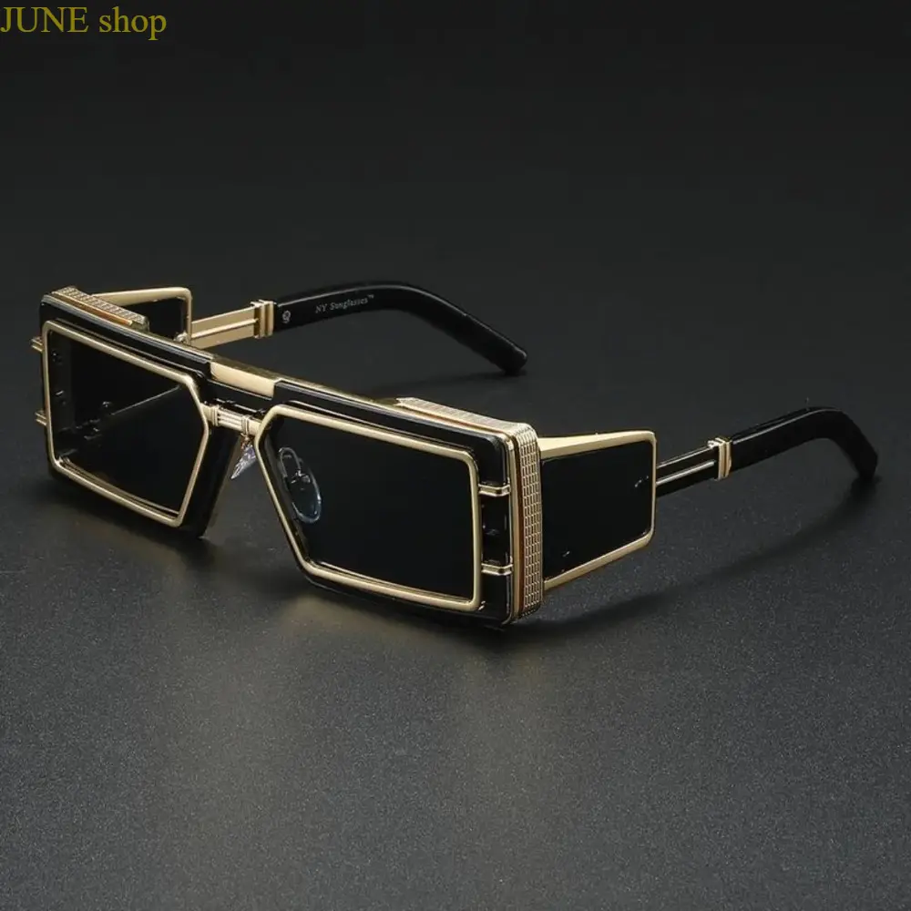 Square Mirrored Sunglasses With Futuristic Geometric Black Gold Metal Frame And Cut-Out Ornate Detailing, UV400 Protective Party Eyewear Designed To Match Festive Outfits, Party Hats And Themed Mask Styling