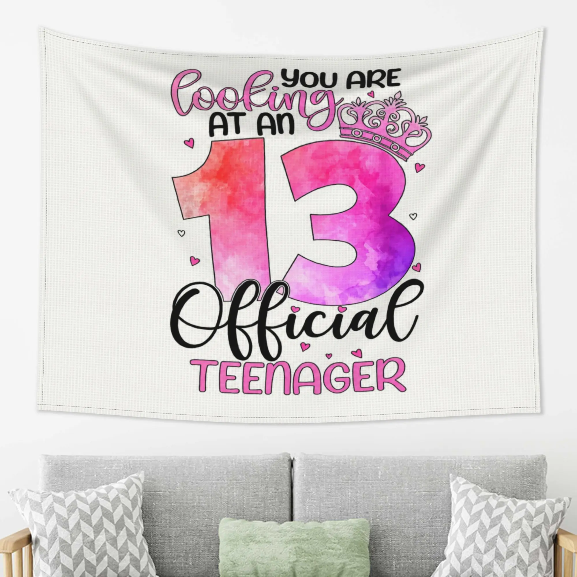 Official 13th Birthday Tapestry for Girls, 13 Years Old Wall Hanging Decor, Pink Crown Official Teenager Backdrop for Bedroom Living Room Dorm, Birthday Party Decorations Supplies, Large Fabric Wall Art Poster Gift