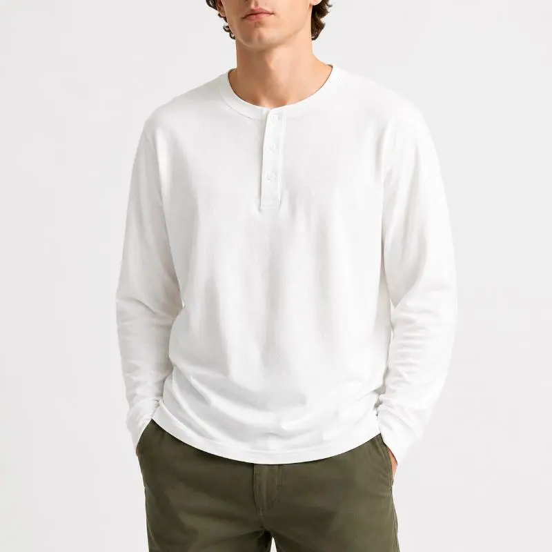Men's Long Sleeve Henley Shirt, 100% Cotton Casual 3 Button Crew Neck Pullover Tee, Soft Lightweight Relaxed Fit Solid Navy Blue T-Shirt for Spring Fall, Work, Travel, Home, Streetwear, Layering and Daily Wear