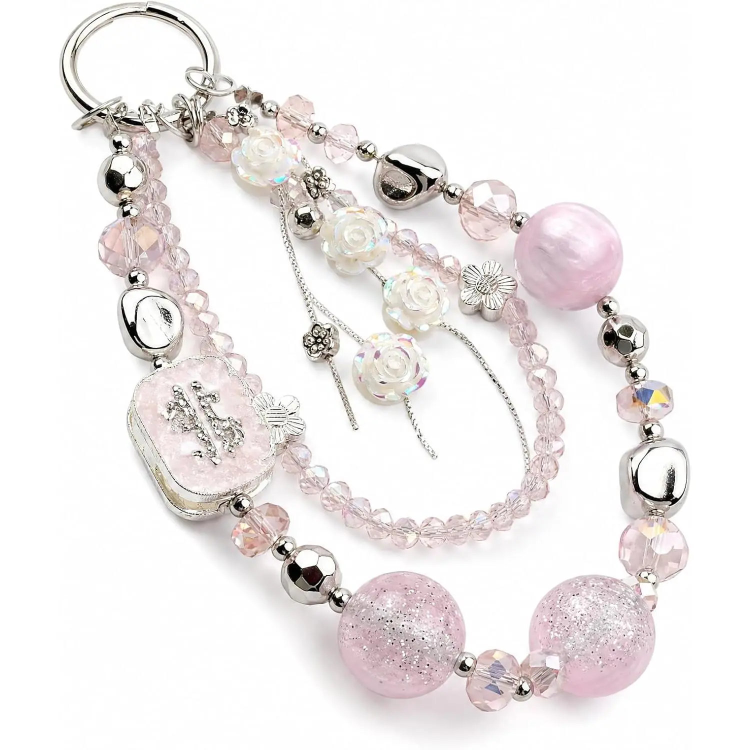 Phone Charm, Crystal & Rhinestone Bow Beads Strap - Wristlet Lanyard for Women, Sparkly Bling Cellphone Chain, Purse, or Keys Elegant Accessory & Gift