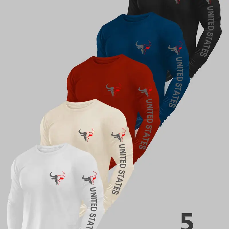 Men's Classic Round Neck Long Sleeve T-Shirt, Bull Head Graphic Print, Casual Fashion Outdoor Wear, All Seasons, Fitted H-Type, Streetwear, Menswear, Tops, Fashion Tees