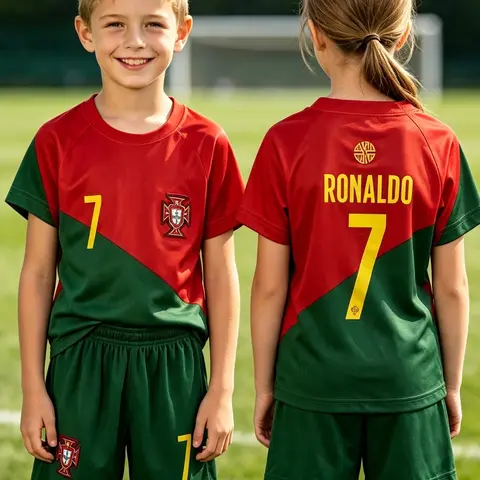 Portugal Kids Colorblock Soccer Set, Unisex Ronaldo 7 Jersey, Breathable Quick-Dry Short Sleeve Shorts, Family Fan Training Gear