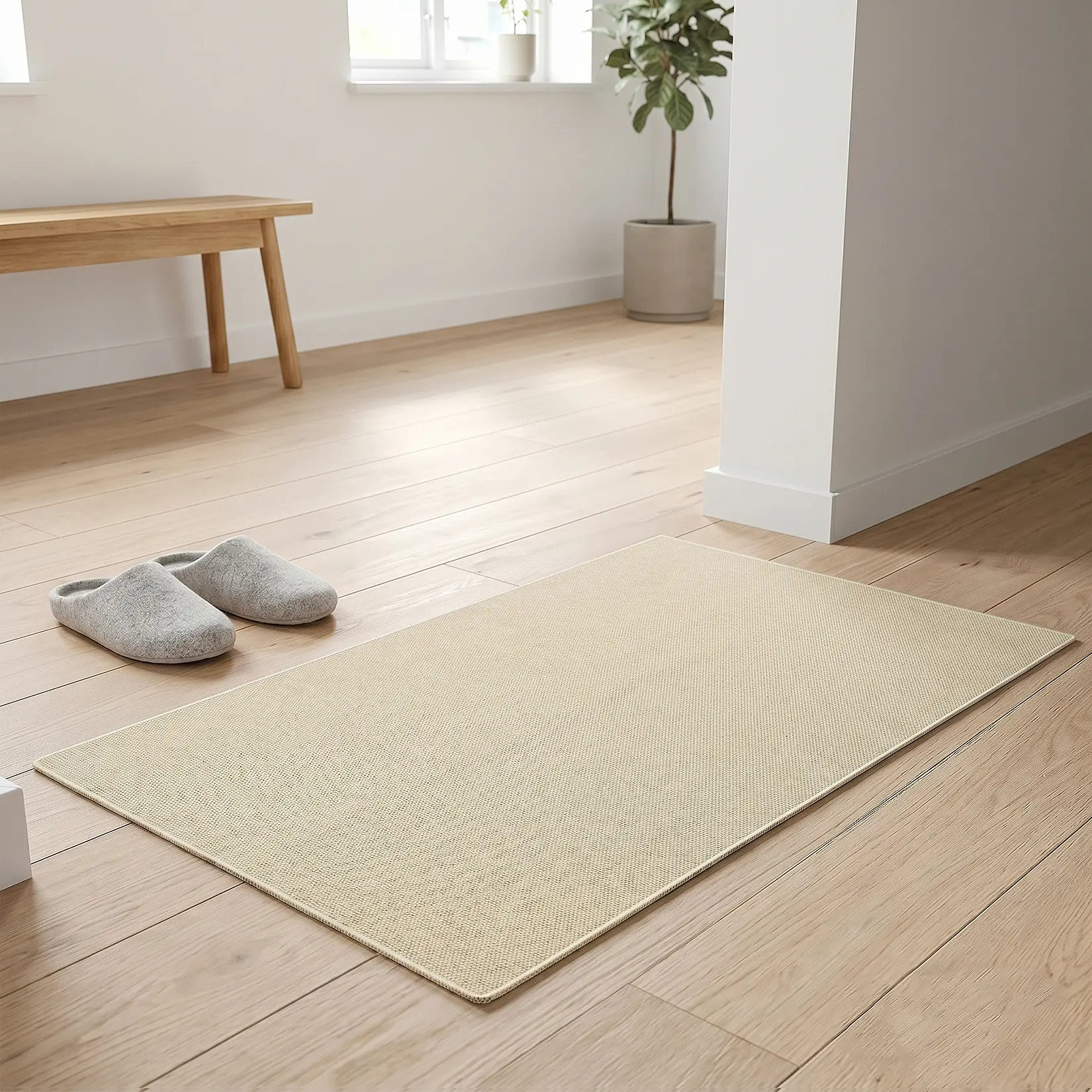 43×75cm Khaki Faux Linen Indoor Doormat, 0.15 Inch Low Profile Water Dirt Absorbent Door Mat with Non-Slip Rubber Backing, Easy Clean Rug for Front Door Kitchen High Traffic Areas