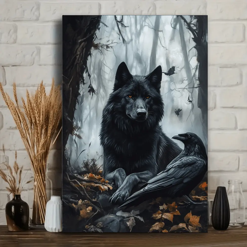 2D Flat, A Wooden Framed Artwork Featuring Dark Gothic Themes with a Wolf And Crow, Perfect for Decorating a Bedroom, Living Room, Or Office