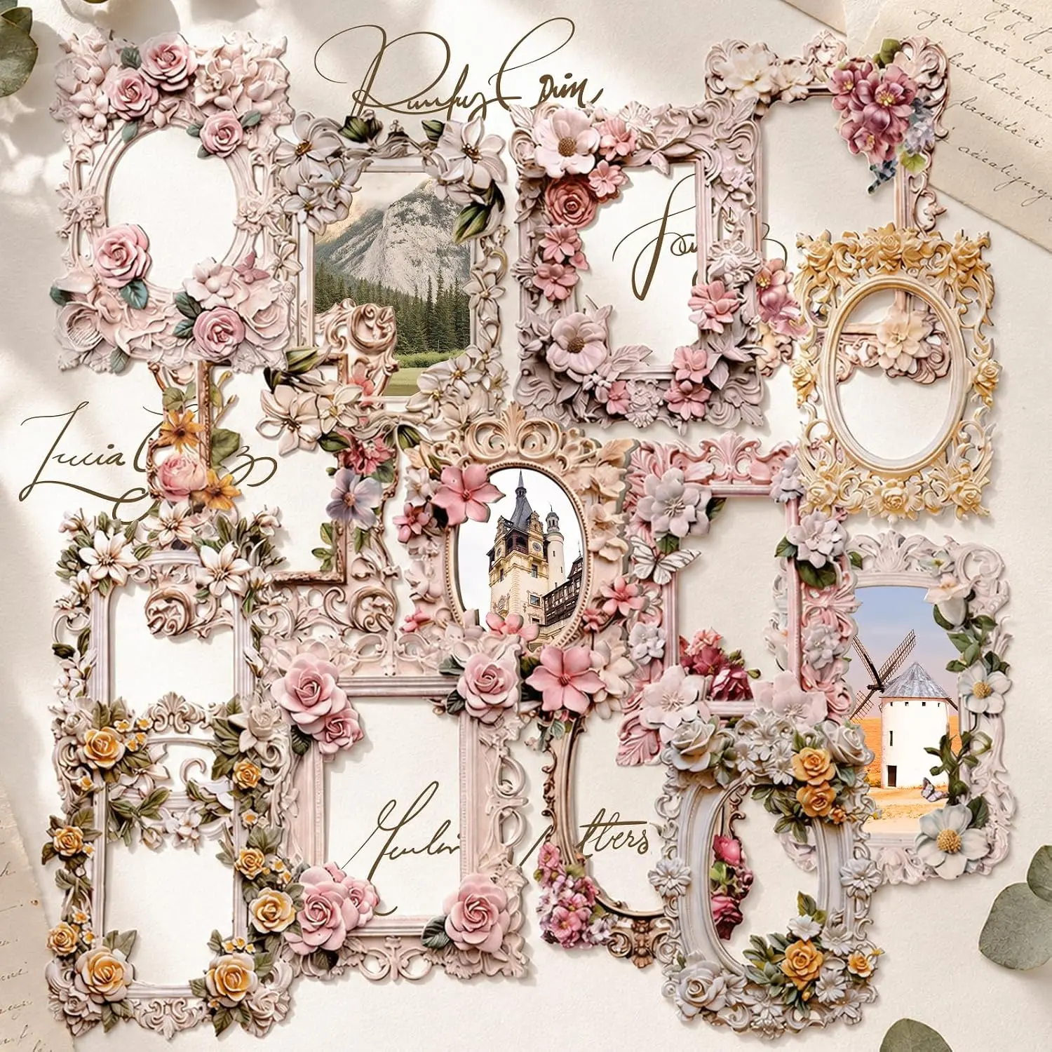 40 count Floral Frames Scrapbook Papers, Journaling Scrapbooking Supplies  Hollow Decoration Paper,Junk Journal Supplies Embossed Craft Relievo Paper for DIY Crafts,Card Making,Planner,Diary,Album