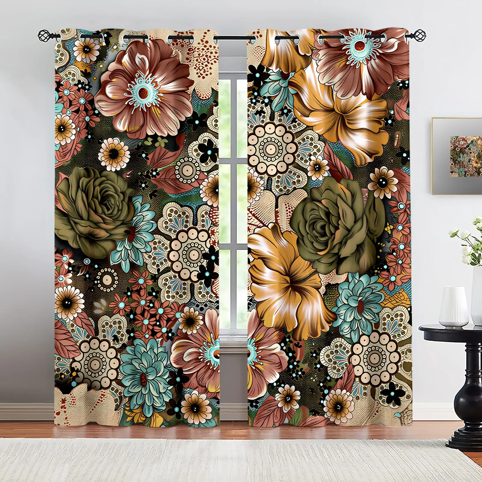 2 Panels 85% Blackout Cute Retro Boho Big Rose Floral Print Window Curtains, Dark Tone Mandala Flower Pattern Aesthetic Blackout Drapes, Bohemian Art Decor Grommet Curtains, Polyester Curtain for Living Room Bedroom Home Decor