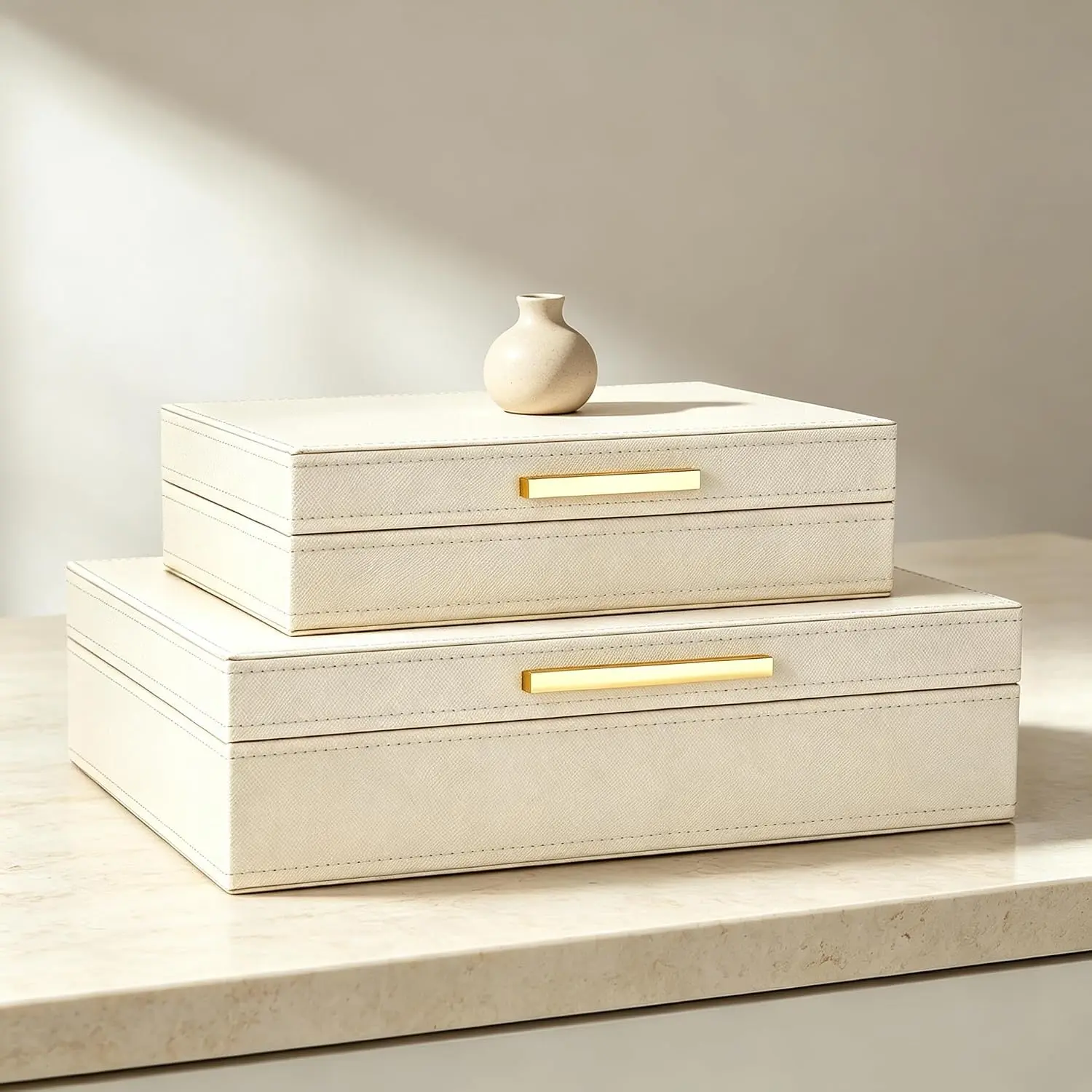 Decorative Storage Boxes with , Set of 2 PU Leather Memory Box for Keepsakes, Beautiful Large Decorative Box for  Decor – Safely Store , Documents & Photos (Beige)