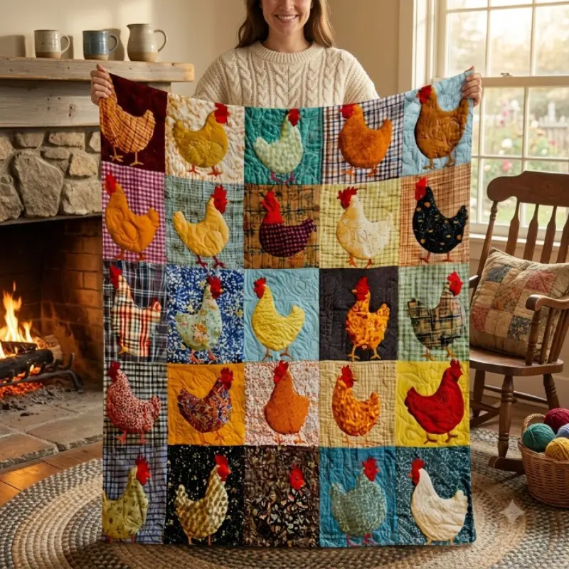 Chicken Patchwork Flannel Blanket, Farmhouse Hen & Rooster Throw Blanket, Rustic Country Farm Animal Blanket, Soft Cozy Blanket for Bed Sofa Couch, Chicken Lover Gift