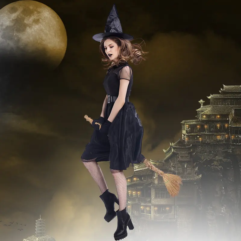 Elegant Black Tulle Witch Costume Ghost Game Outfit For Halloween