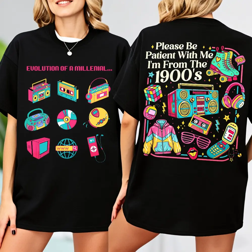 Please Be Patient With Me I'm From The 1900s Shirt, Funny 90s Throwback T-shirt, 2 Sided Printing Retro Western Graphic Tees, Vintage Humor T-shirt