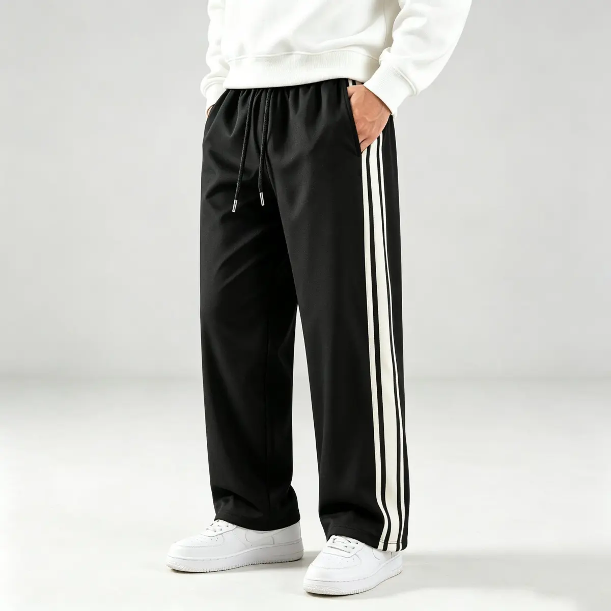 Male Polyester Full-Length Solid Loose-Fit Athletic Wear Trousers - Trendy Casual Street Knit Sweatpants for Gym, Daily Relaxed Wear - Warm Spring Autumn Winter Outdoor Bottoms