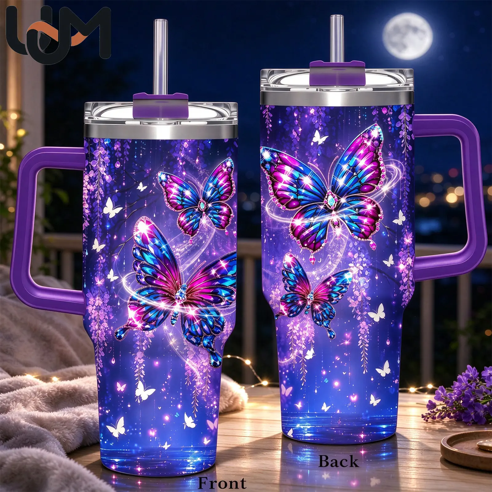 Shiny Purple Butterfly Tumbler with Handle, Magical Sparkly Design Cup, Travel Mug, Anniversary Gift, Gift for Best Friend, 20oz Double Silver Edge Tumbler, 40oz Stainless Steel Tumbler