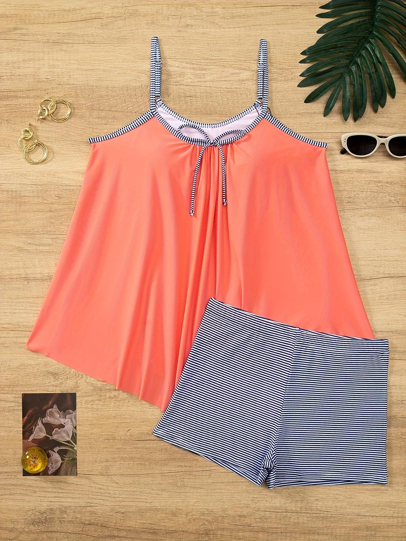 Flattering Tummy Control Striped Trim Tankini with Boy Shorts - Perfect for Beach Days, Pool Parties & Family Vacations |   2026 New Arrival Plus Size Swimwear That Hides Tummy, Family Approved Swim, Monokini Swimsuit Inspired Bathing Suits for Women cute