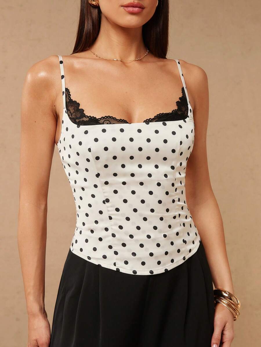 Elegant Polka Dot Lace-Trimmed Corset Camisole for Women, Slim Fitted Strap Top with Contrast Color Design, Trendy Casual Style for Spring Summer, Suitable for Shopping, Travel and Small Parties