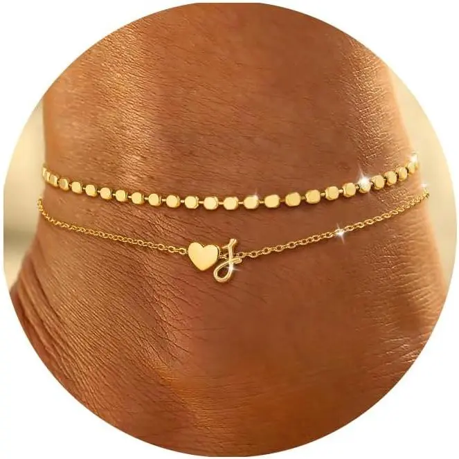 Women's Non-Tarnish Metal Coated Initial Charm Letter Heart Chain Jewelry Anklets, Gold Ankle Bracelets