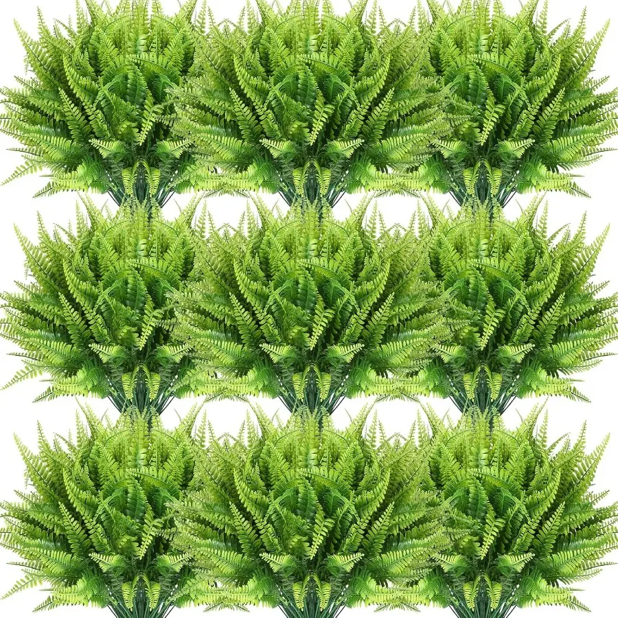 50Pcs UV Resistant Artificial Boston Fern Stems, Bulk Plastic Faux Greenery Bushes for Hanging Decor, Office Porch Window Indoor Outdoor Use