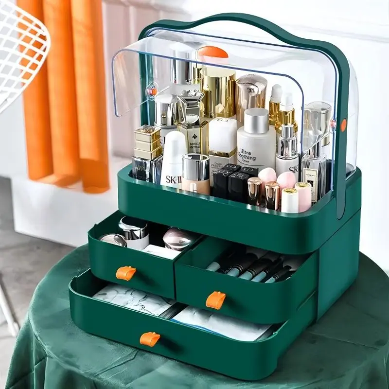 Dust-Proof Drawer Makeup Organizer Box, Large Capacity Transparent Flip Cover Cosmetic Storage Box, Desktop Skincare Lipstick Vanity Shelf