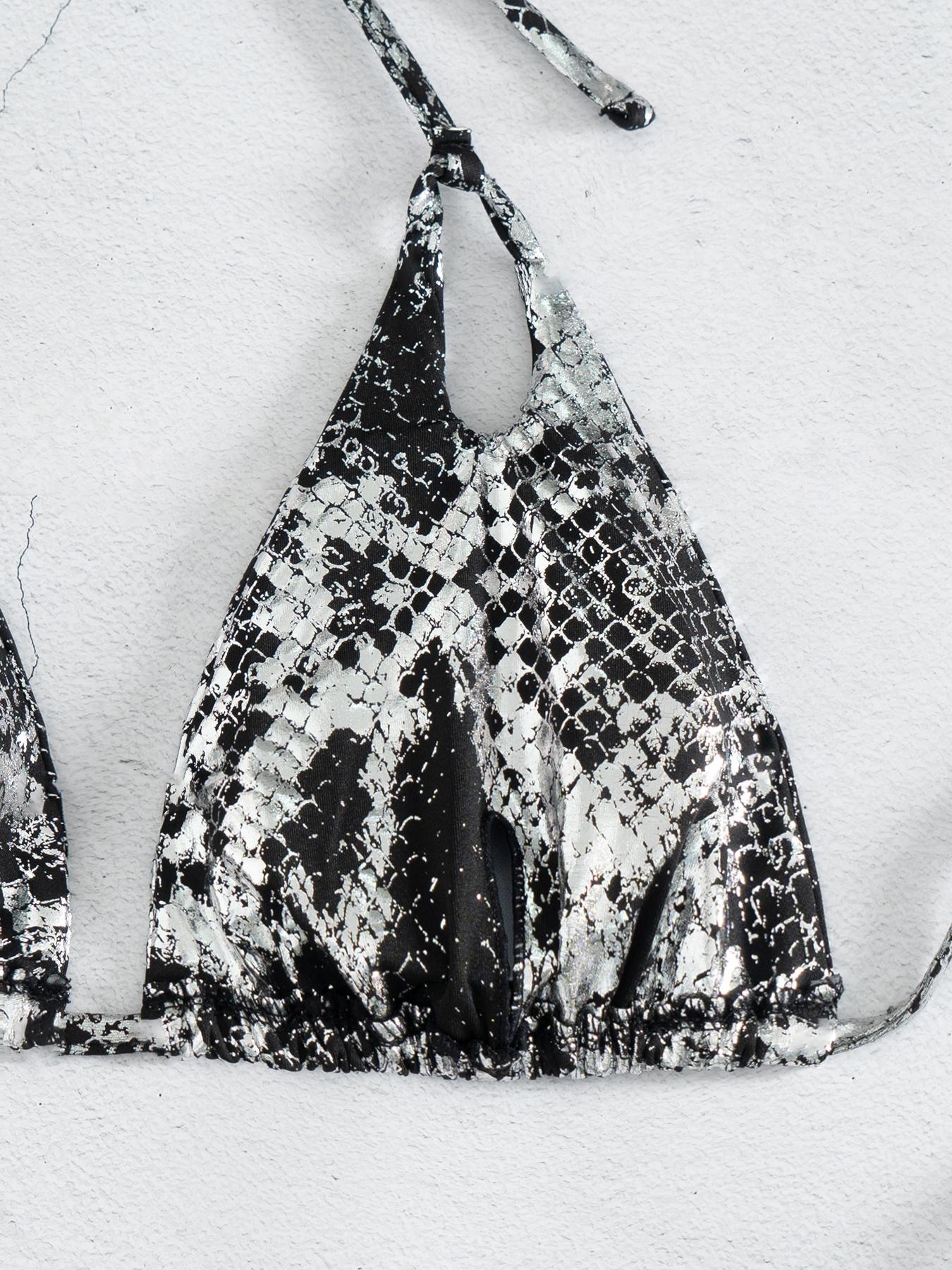 Two-Piece Set Women's Snakeskin Print Glossy String Bikini Set, Sporty Halter Neck Tie Back Triangle Swim Bra & Tie Side High Cut Swim Panty, Two-piece Swimsuit for Beach Holiday Vacation Tie Back Bikinis