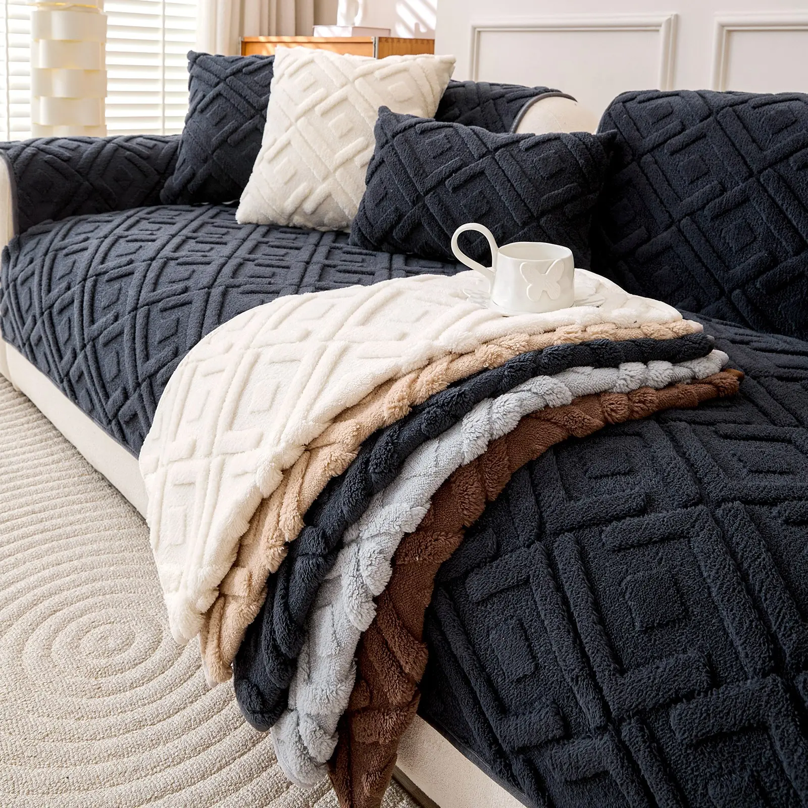 1pc Simple Solid Color Leather Sofa Cushion, Winter Thick Plush Warm Sofa Pad, Durable Cotton Velvet Cover, Easy Clean