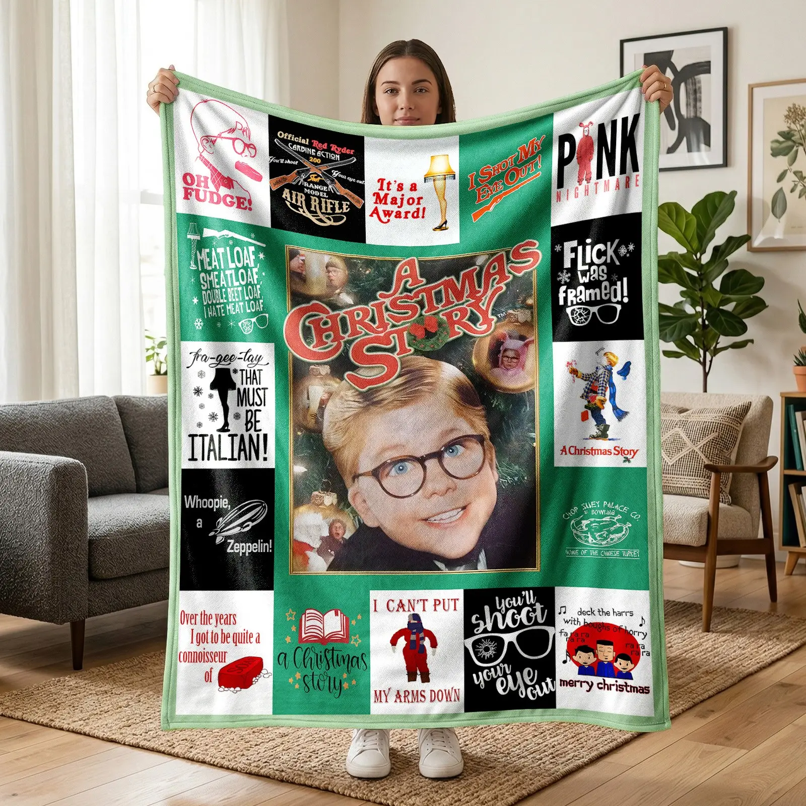 1pc Christmas Story Classic Quotes Fleece Blanket, Movie Iconic Scenes, Vintage Poster, Famous Lines & Red-Green Collage Print, Nostalgic Holiday Style. Soft Warm Multi-use Throw for Sofa, Bed, Office, Camping, Perfect Christmas & Movie Lover Gift.