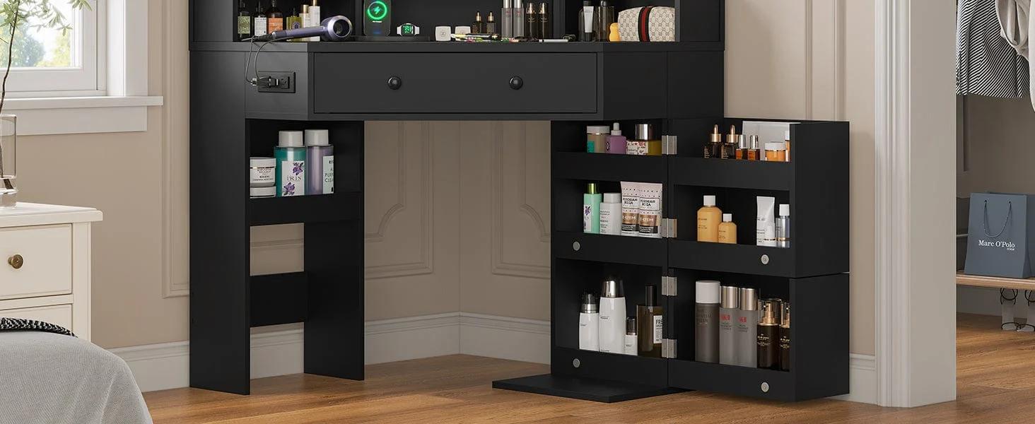 Corner Makeup Vanity with Tri-Fold Mirror and Cushioned Storage Stool Black