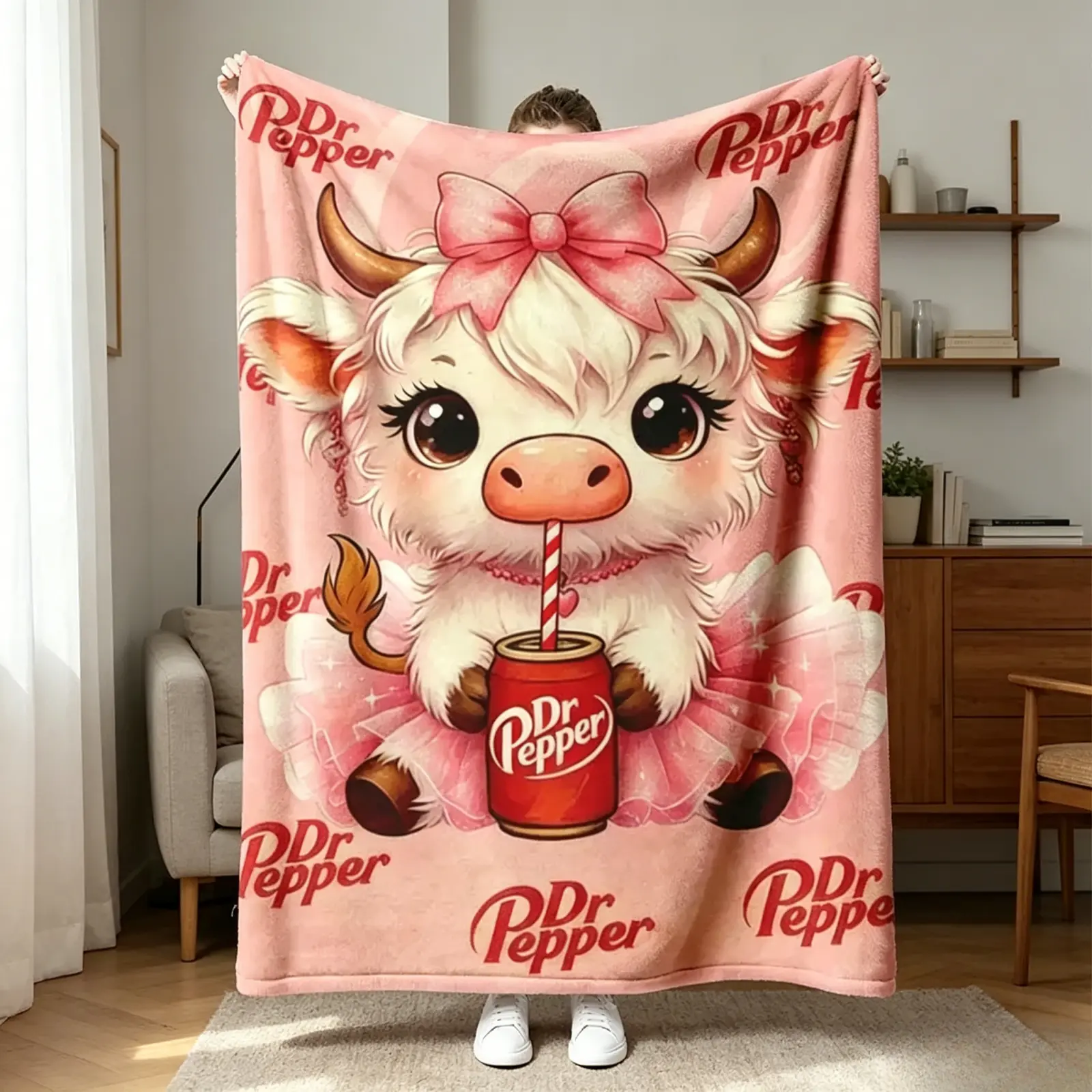 Pastel Pink Bow Highland Cow Soda Can Cartoon Flannel Throw Blanket - Durable, Soft, Cute Lightweight All-Seasons Blanket for Home, Travel, Trendy Farm Aesthetic Gift for Teen Girls, Birthdays, Valentine’s Day