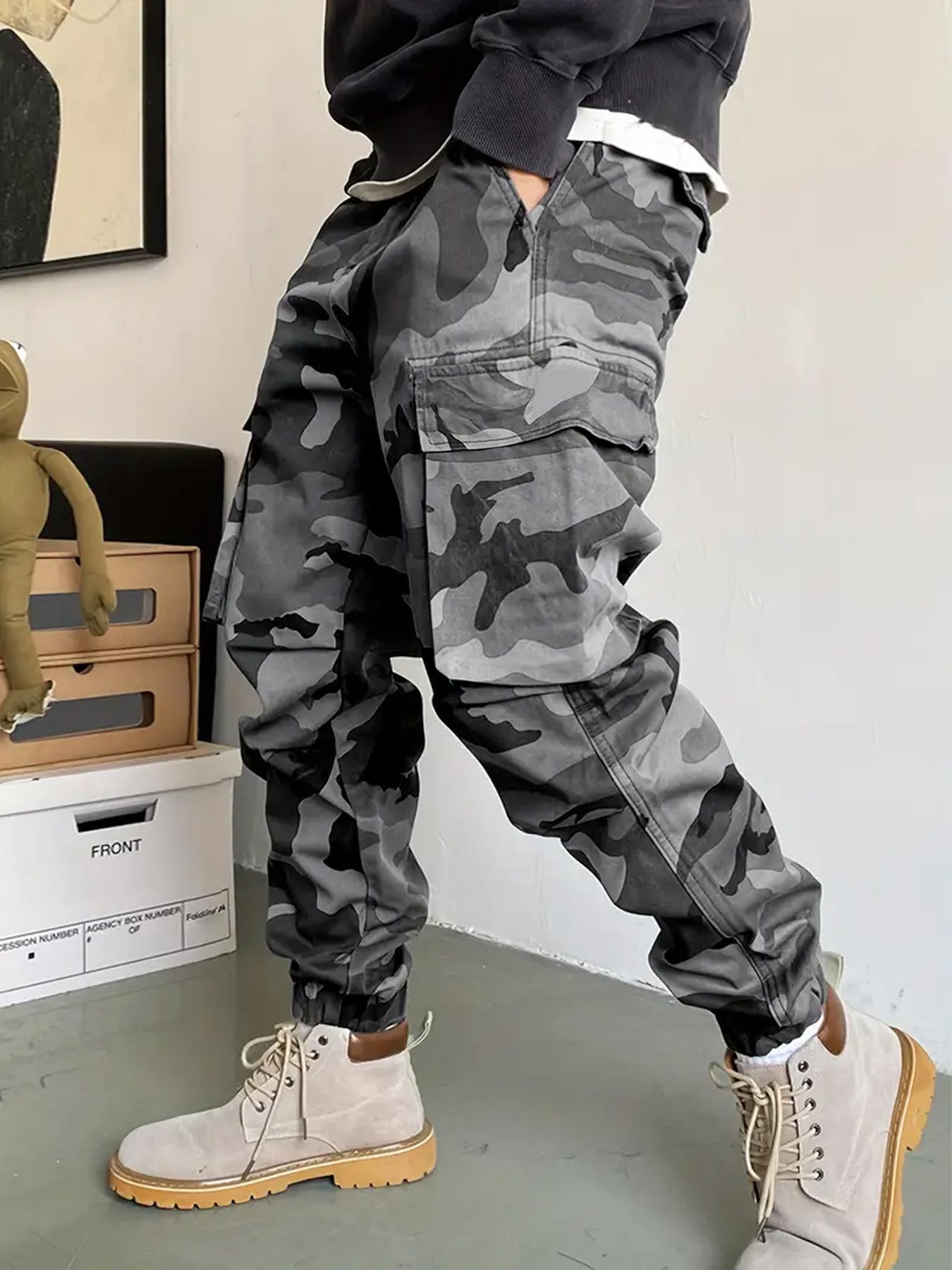 Men's Camo Print Multi-pocket Cargo Pants, Casual Loose Fit Water-repellent Fabric Trousers for Outdoor Work, Pants for Men, Men's Bottoms for All Seasons, Men's Clothing, Casual Sports Trousers