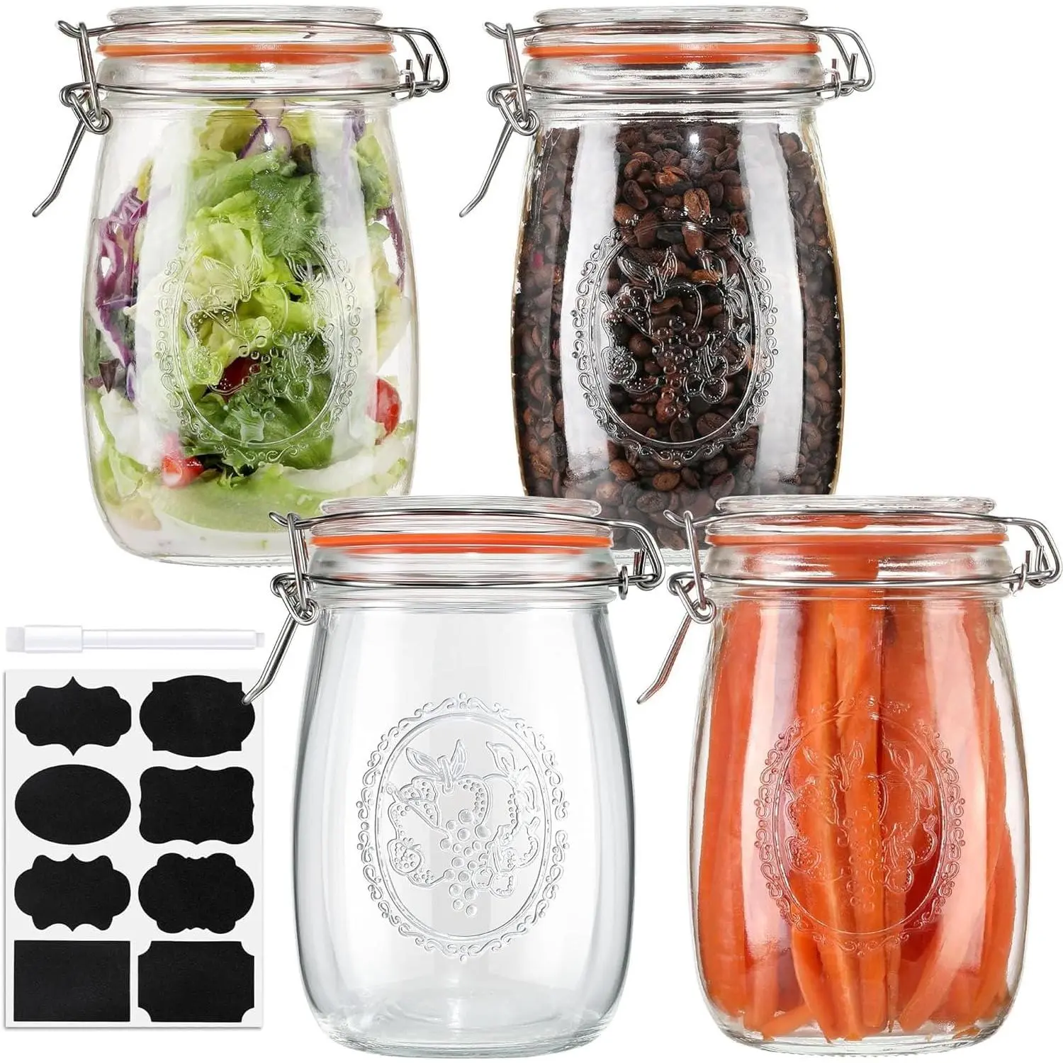 32oz Wide Mouth Glass Jars 4 Pack with Airtight Hinged , Large Clear Kitchen Canisters with Measurement Marks & Decorative Fruit Design for Flour, Coffee, Beans, and Canning (4pack-32oz)